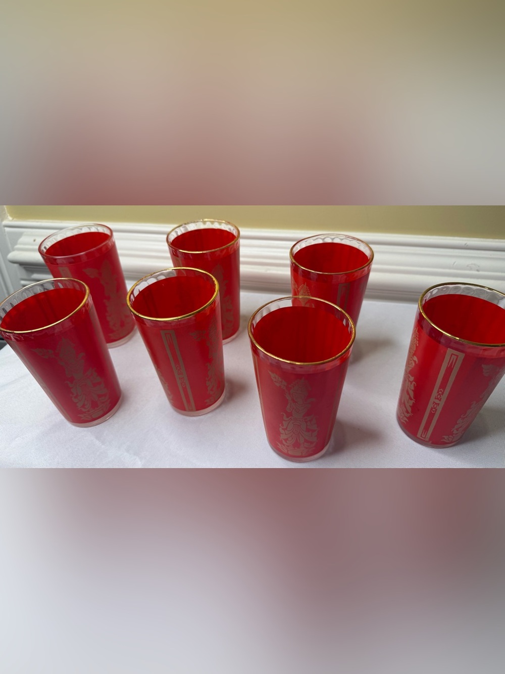 Set of 7 MCM Culver Queen of Siam Red & Gold Highball Glasses Stock the Bar